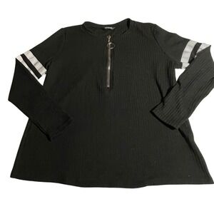 ChicMe Womens Black Ribbed Quarter Zip Ring Pull Striped Long Sleeve Top Large